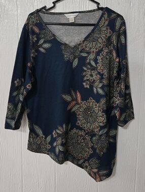 CHRISTOPHER BANKS Size L Blue Floral Long Sleeve Women's Top